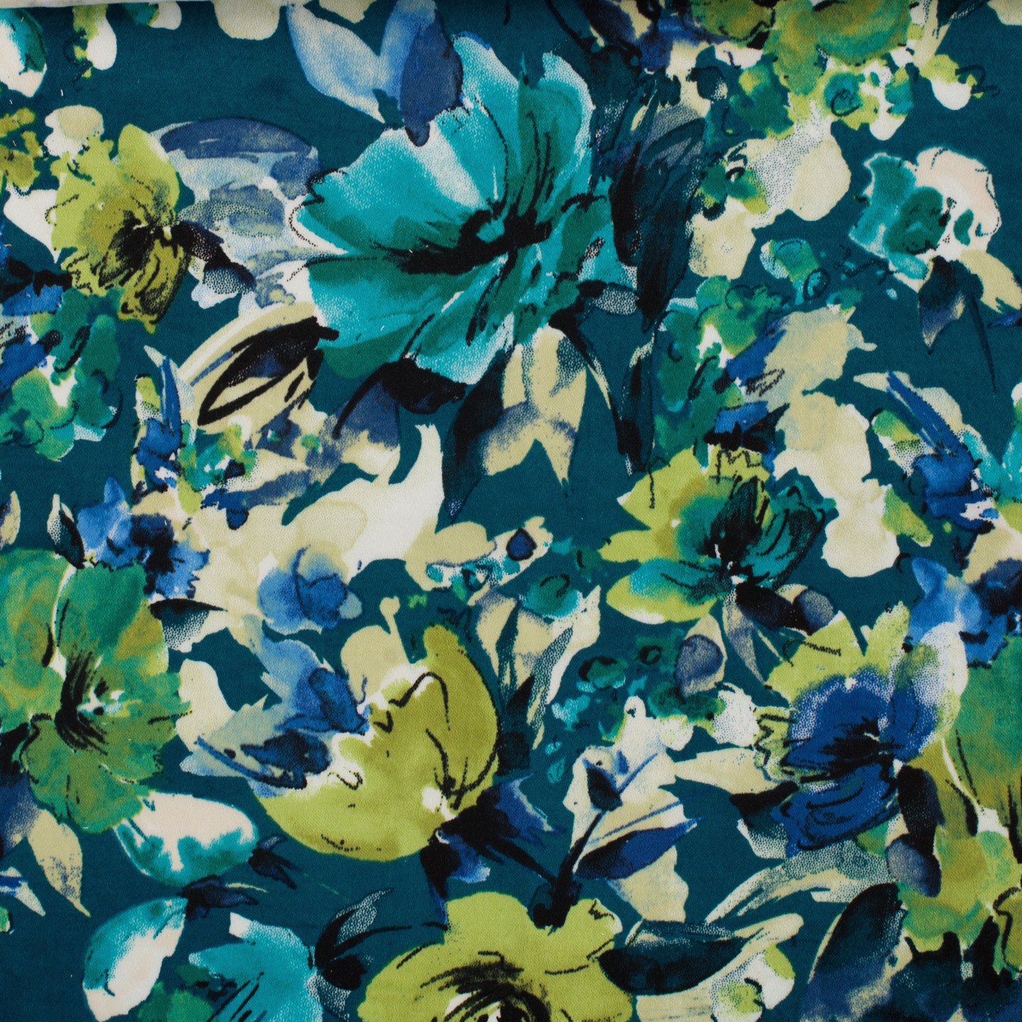 Tissu Coton Epais Stretch Satiné Fleurs Bleu Paon