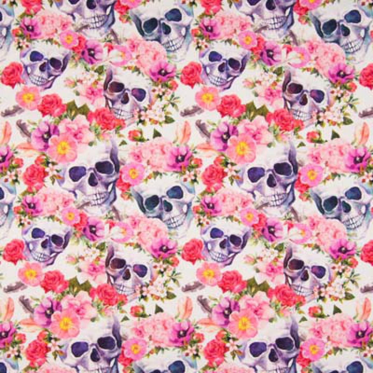 Jersey coton Skulls Flower Fushia