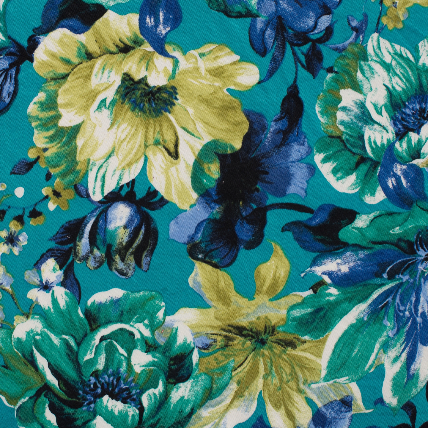 Tissu Coton Epais Stretch Satiné Fleurs Bleu Paon