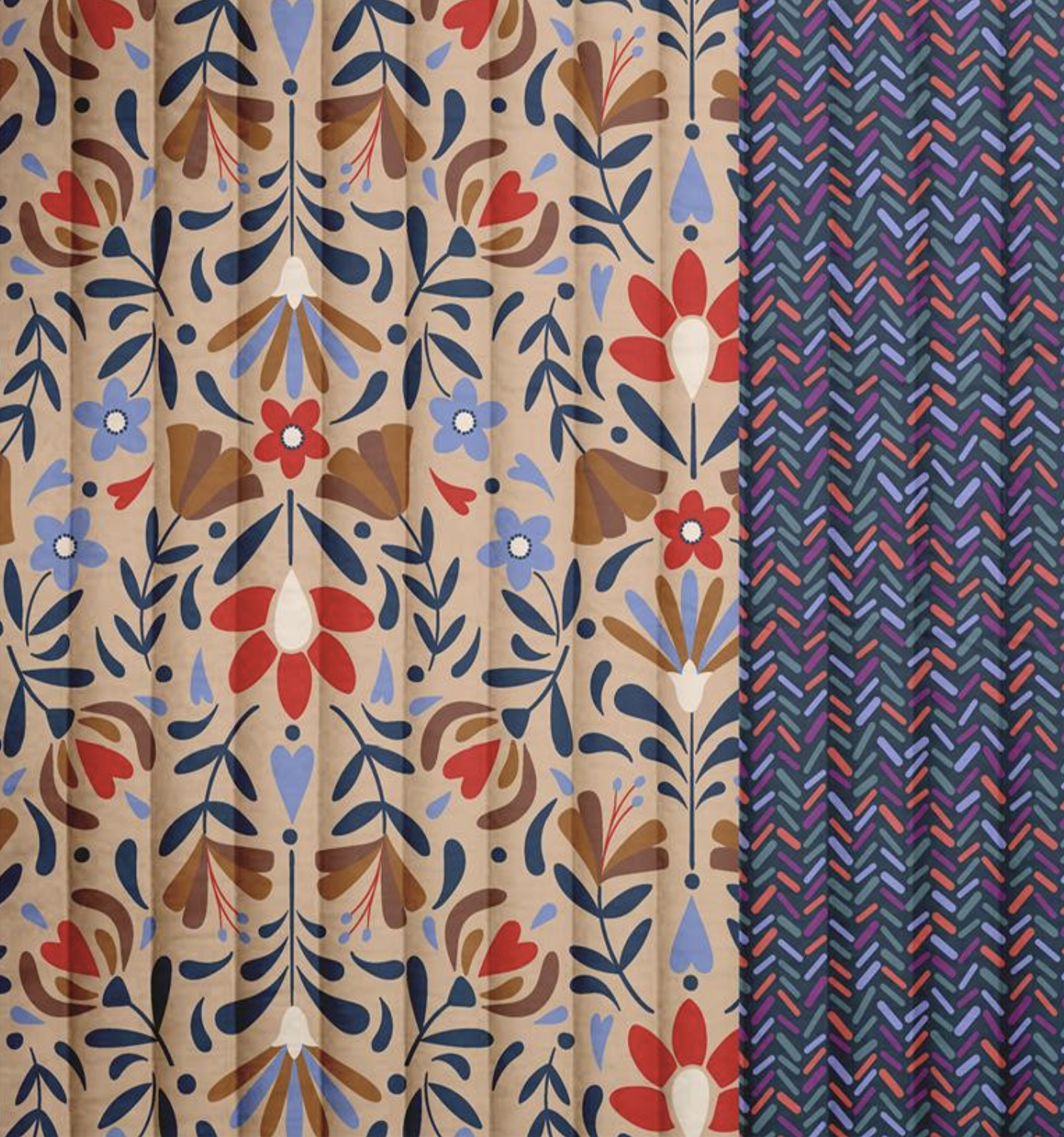 Tissu Coton Matelassé Vertical LAFLEUR Beige & Bleu
