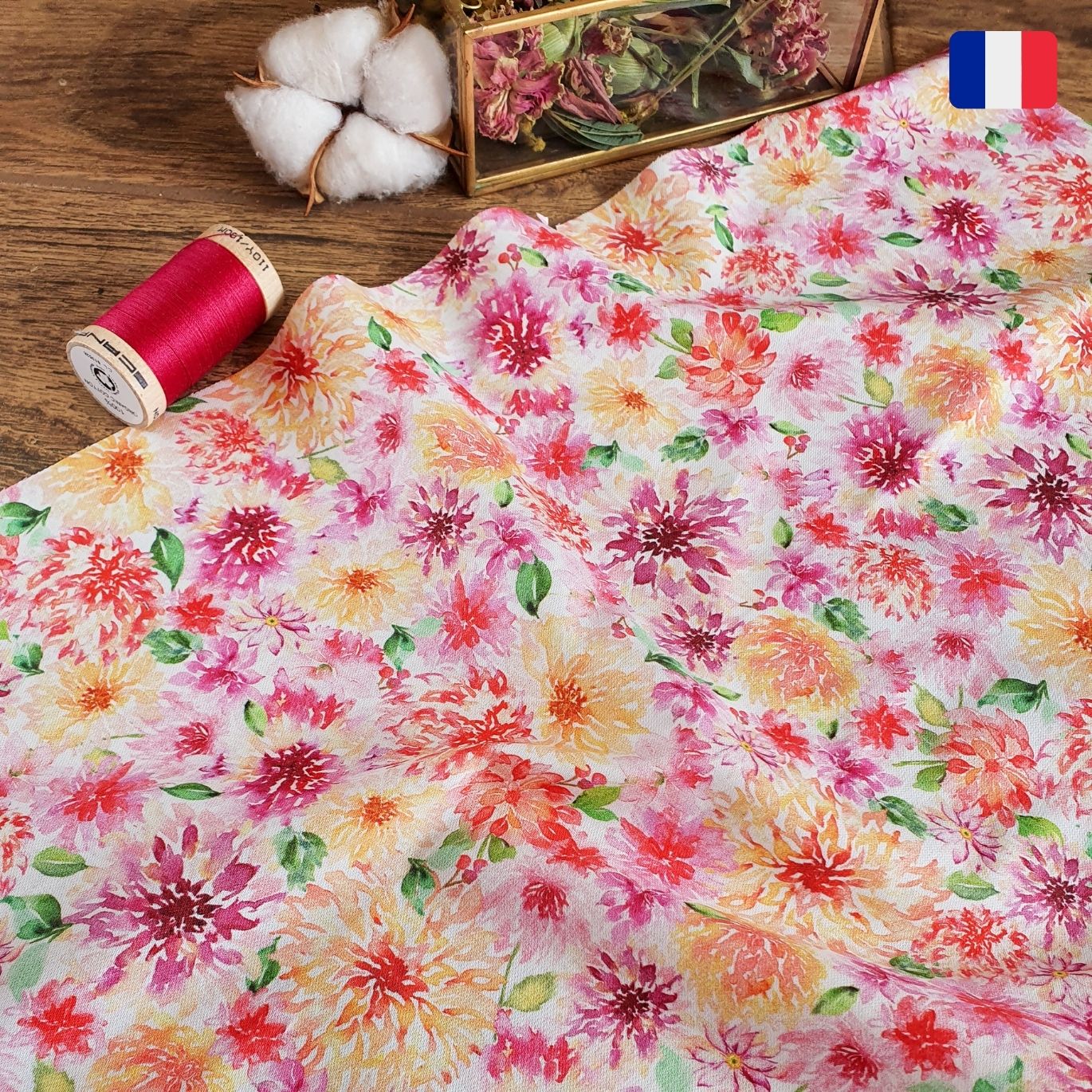 Satin de coton "Les Dahlias de ma maman" - Atelier Malherbe