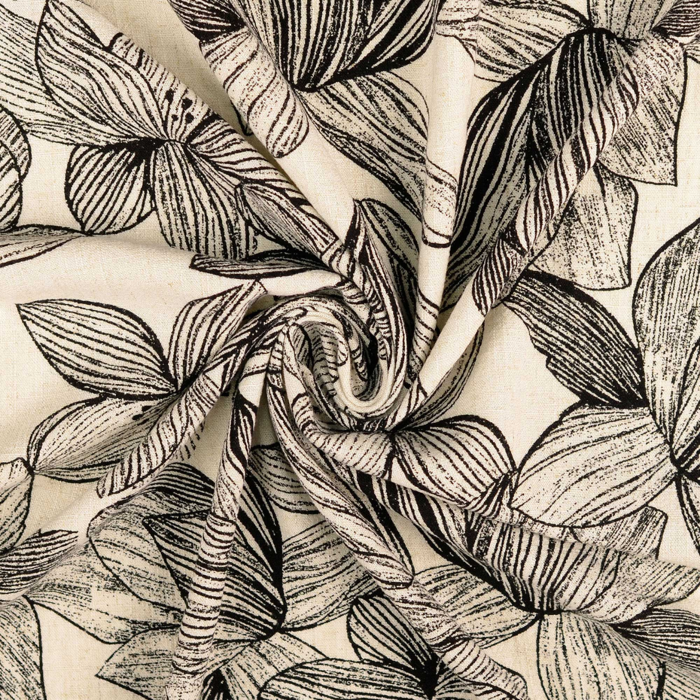 Tissu Lin Viscose à imprimé Fleurs Noir et Crème 